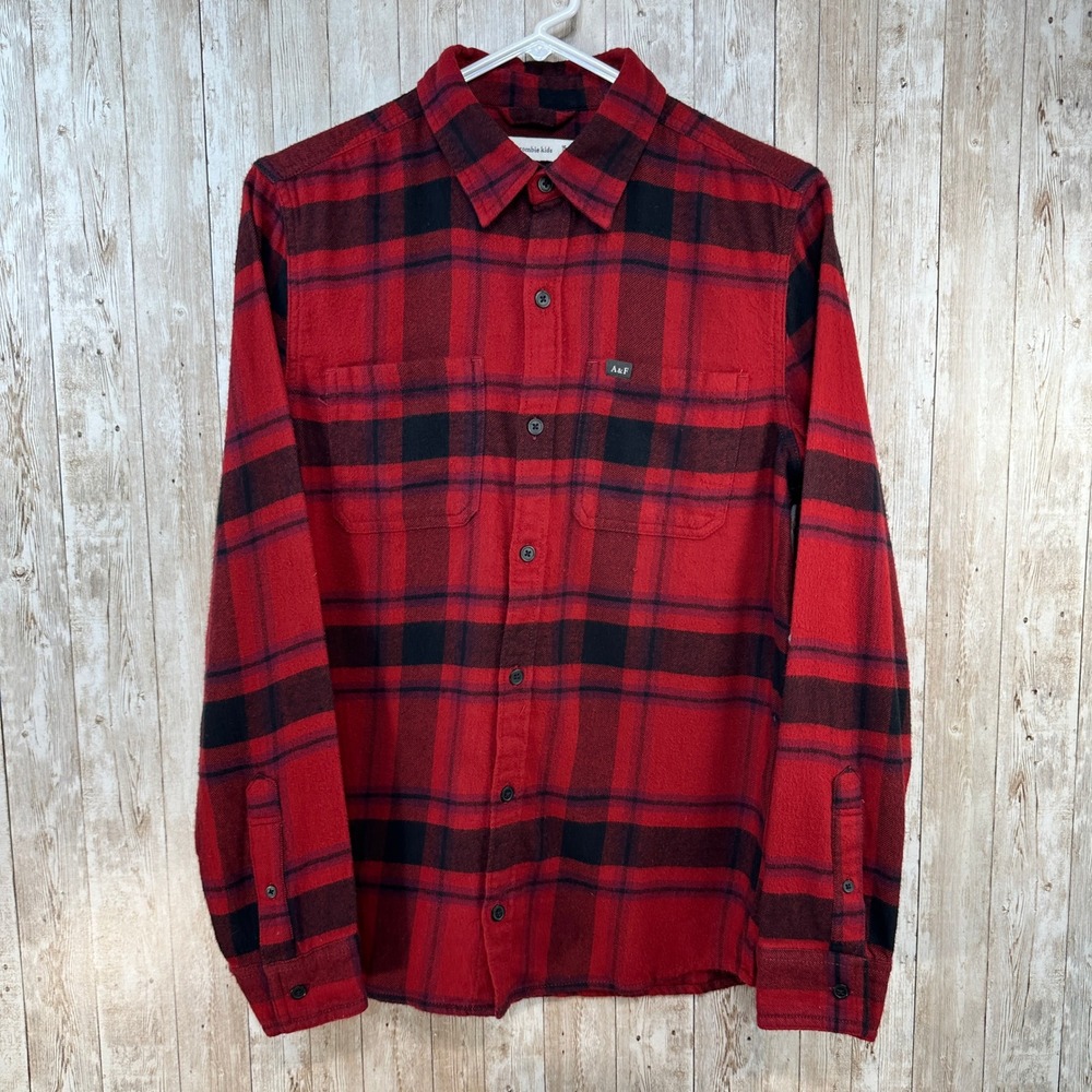 Abercrombie Kids Red Black Plaid Flannel Button Up Shirt Size 15 16 Soft Holiday